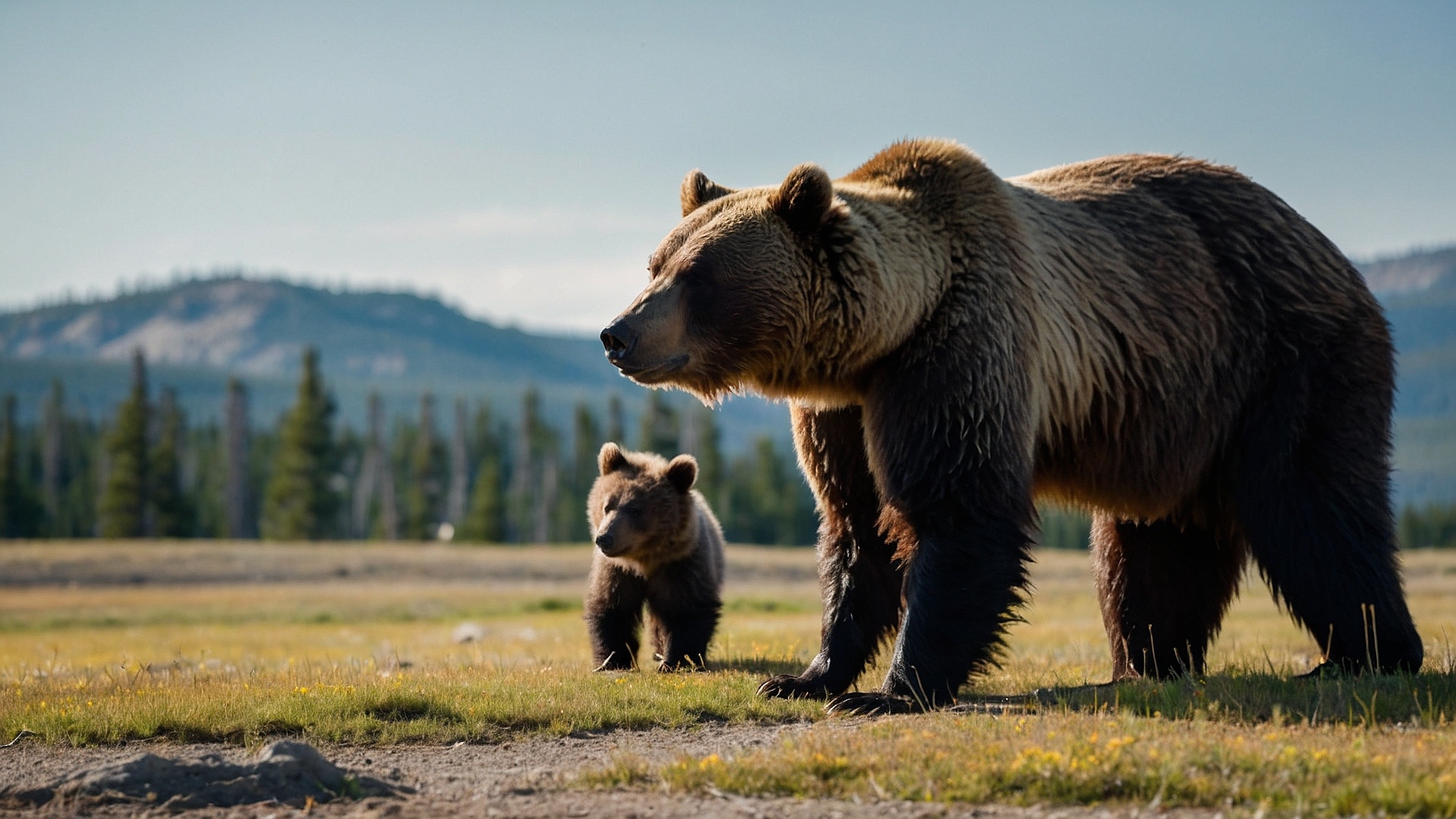 mother grizzly bear and bear cub
