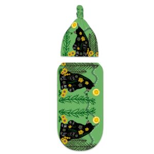 Baby Swaddle Blanket & Baby Beanie Top Knot Set | Green Black Bear Nordic Art Style